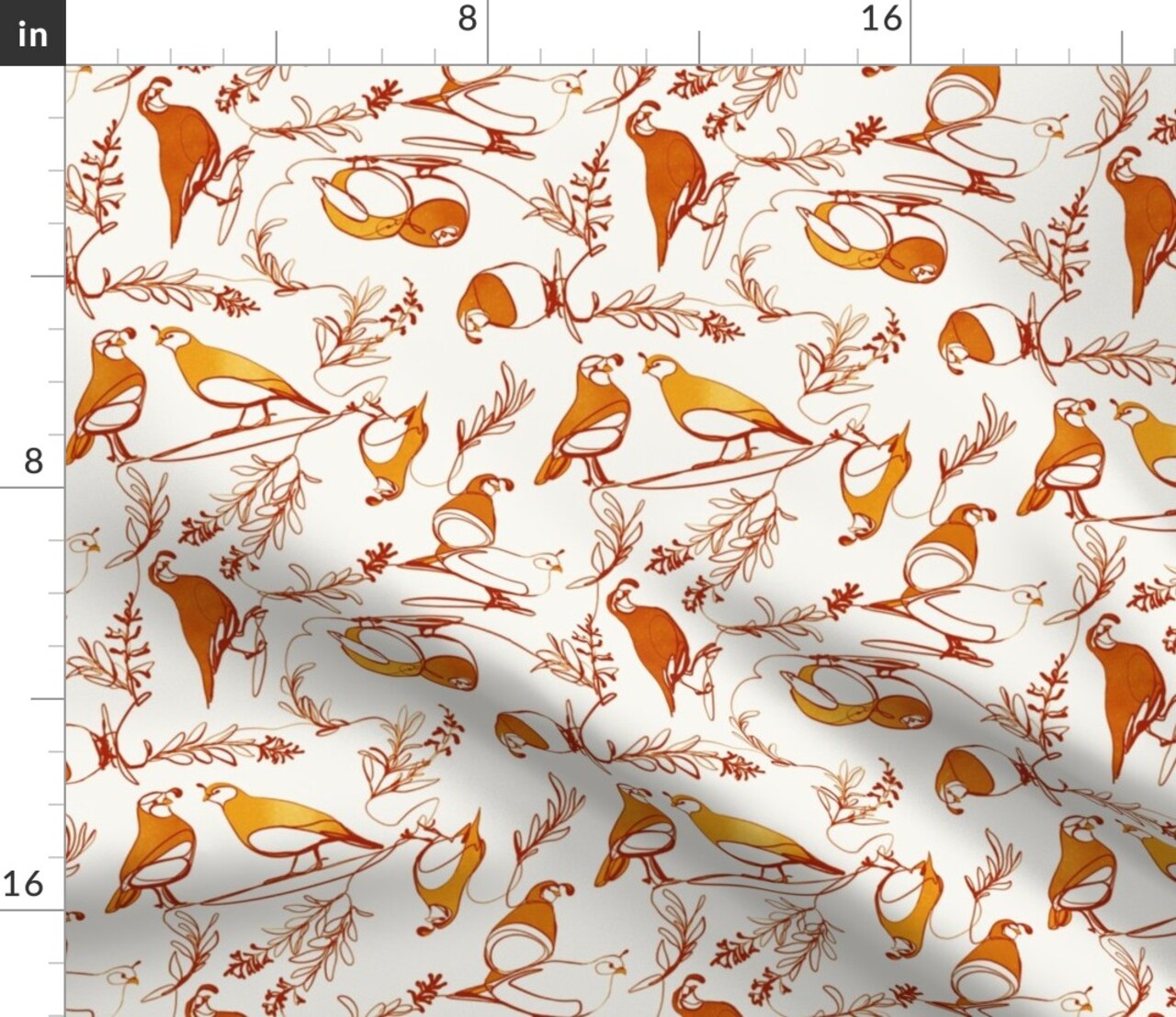 Line Quail Golden Browns Brown Nature Birds Gold Sage Ink Drawing Custom Printed Fabric by Spoonflower Various Fabrics by the Yard or Fat Quarter